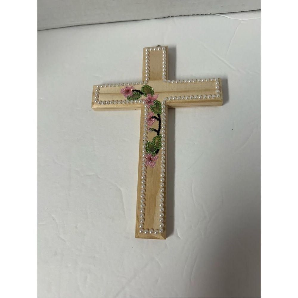 Handmade wooden Easter Cross with pearls and gems
